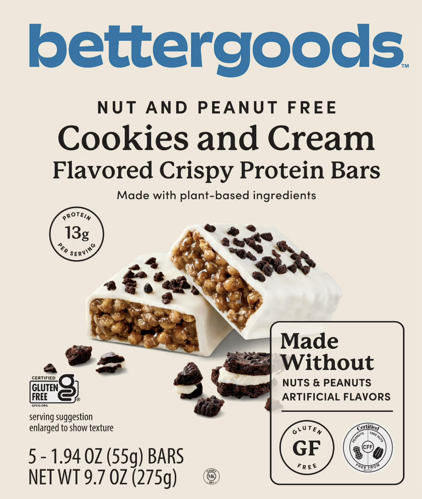 Bettergoods Nut, Peanut and Gluten Free Cookies and Cream Flavored Crispy Protein Bars