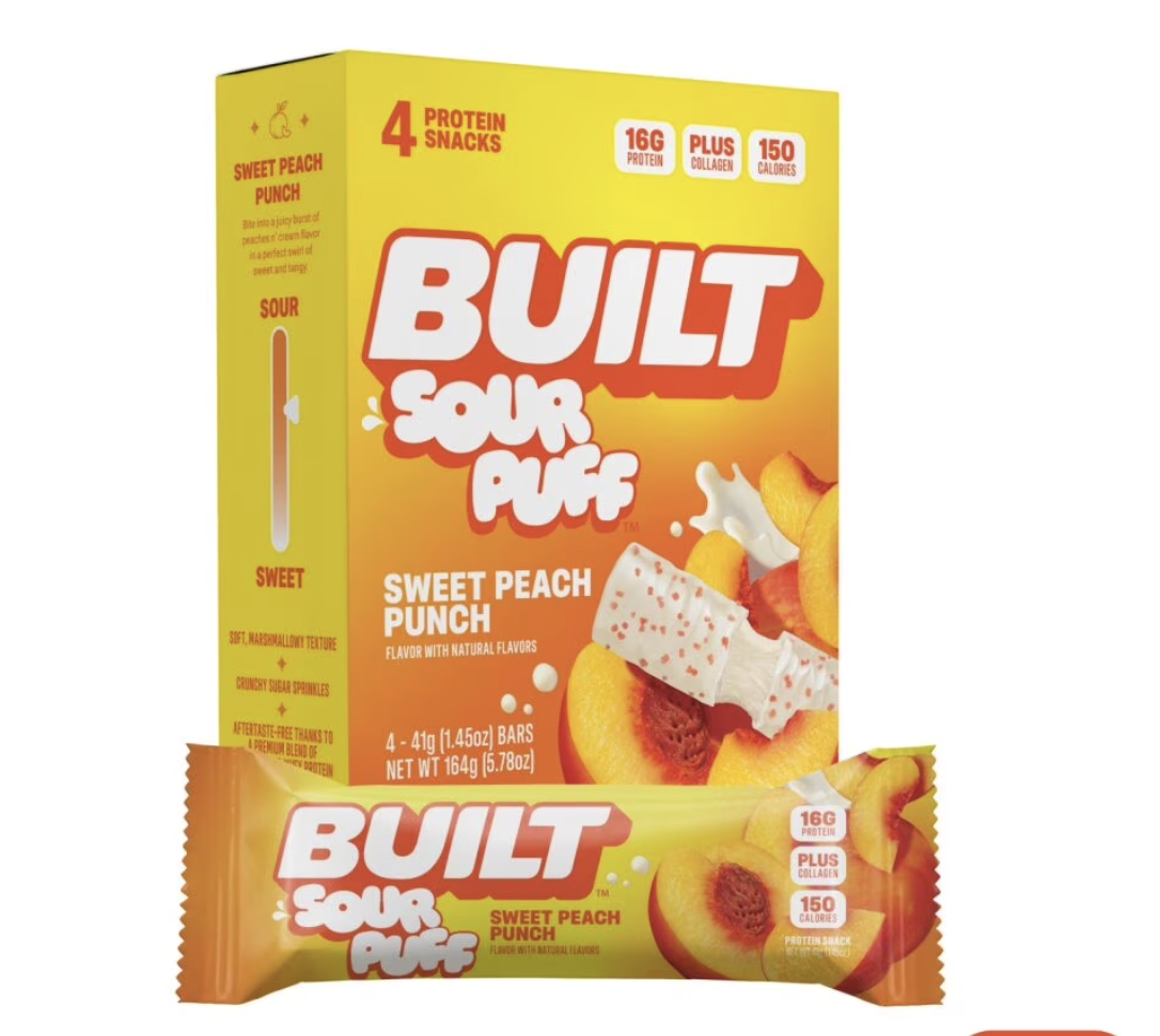 BUILT Sour Puff Protein Bar, Sweet Peach Punch