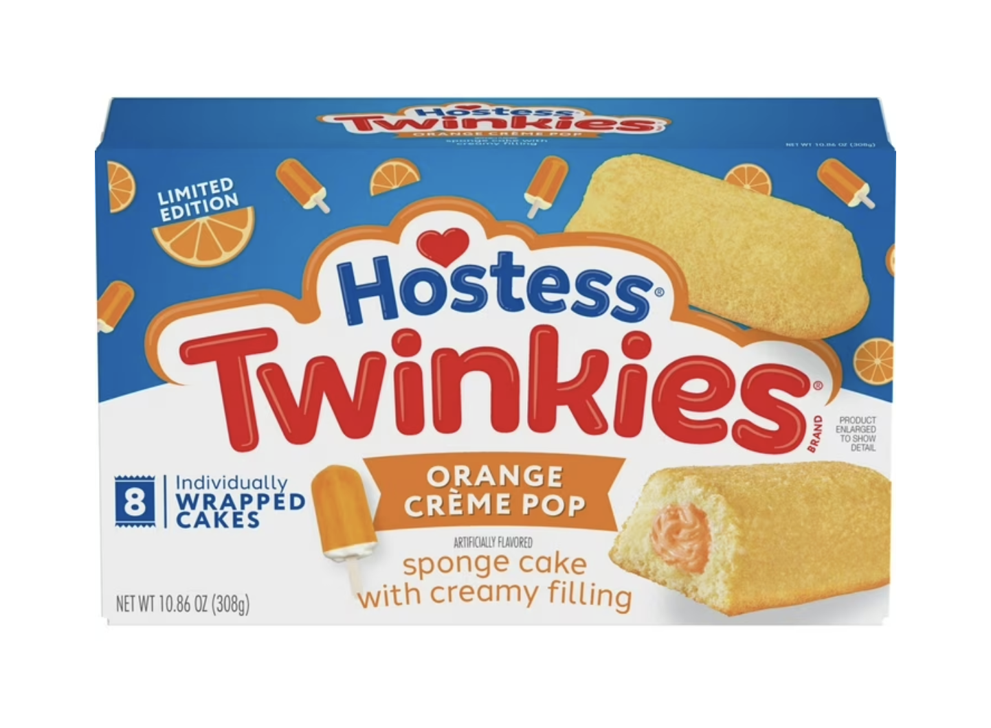 Hostess Twinkies, Golden Sponge Cakes with Orange Crème Pop Artificially Flavored Filling