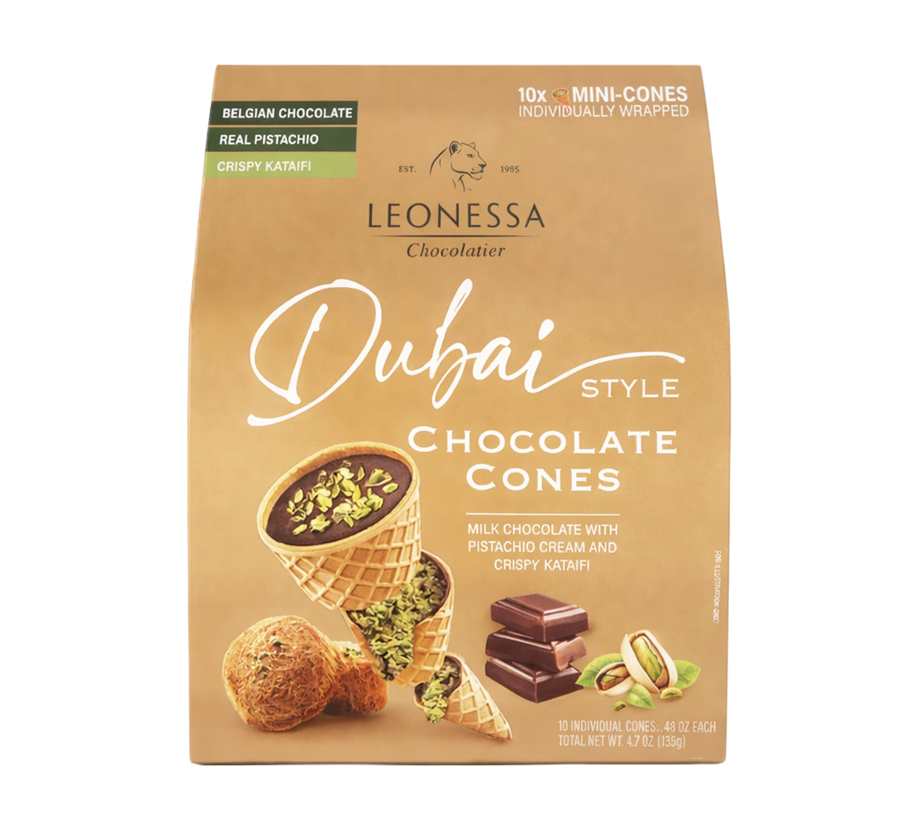 Leonessa Chocolatier Dubai Chocolate Cones, Milk Chocolate with Crispy Kataifi & Pistachio Kunafa Cream, Made with Belgian Chocolate