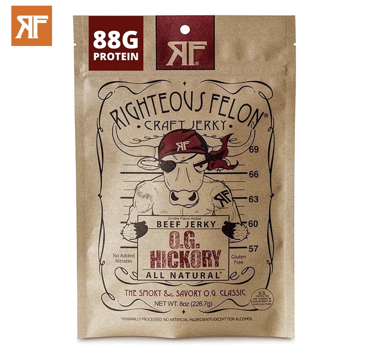 Righteous Felon Beef Jerky OG Hickory Flavor Low Calorie High Protein Healthy Snacks